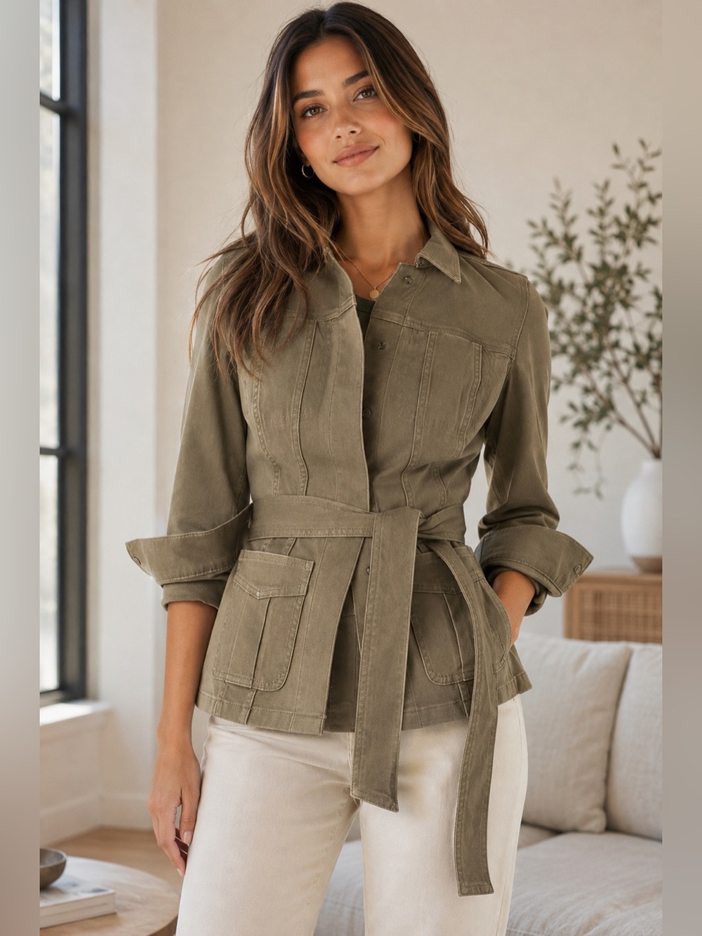 SPANX Stretch Twill Belted Utility Jacket Tuscan Olive Green M NWT